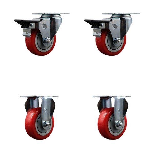 Service Caster 3.5'' Red Poly Wheel Swivel Top Plate Caster Set with 2 Posi Brakes 2 Rigid, 4PK SCC-20S3514-PPUB-RED-PLB-2-R-2 - main
